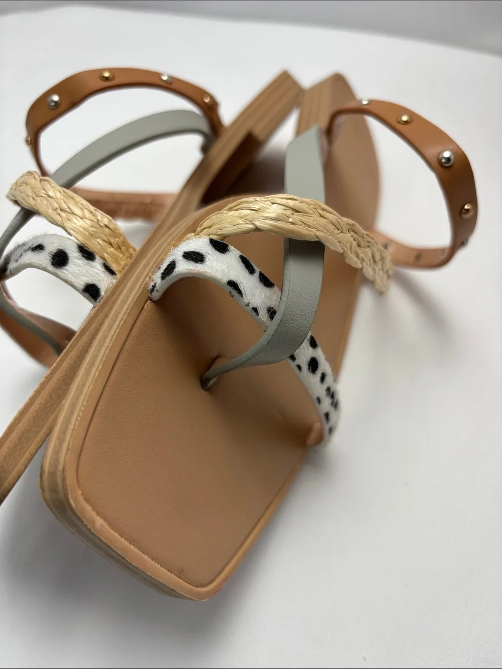 ZBY Womens 8.5 Multi-Texture Leopard Studs Strappy Slide Sandals - Tan #473